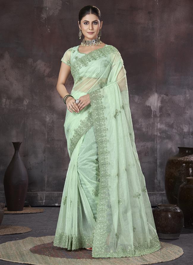 Organza Mint Party Wear Embroidery Work Saree